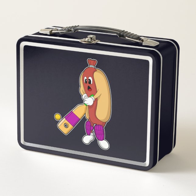 Hotdog at Cricket with Cricket bat Metal Lunch Box (Front)