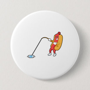 Hotdog at Fishing with Fishing rod 7.5 Cm Round Badge