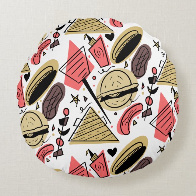 Hotdog Burger Doodle BBQ Birthday Pattern        Round Cushion (Front)