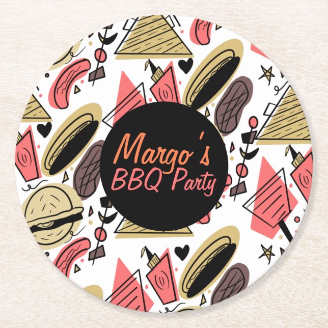 Hotdog Burger Doodle BBQ Birthday Pattern     Round Paper Coaster (Front)