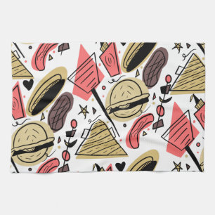 Hotdog Burger Doodle BBQ Birthday Pattern Tea Towel