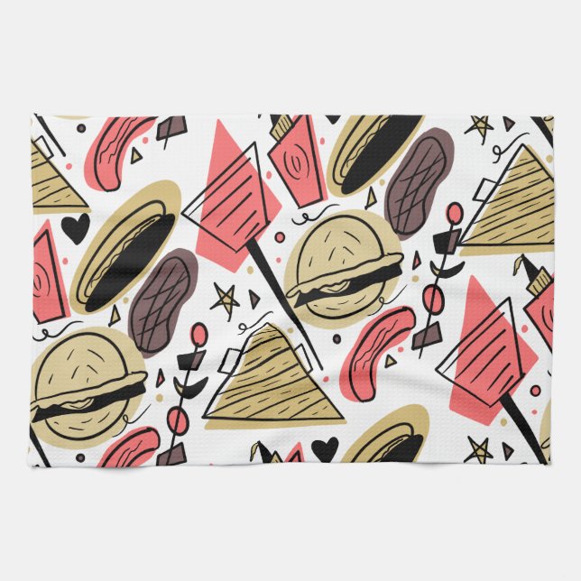 Hotdog Burger Doodle BBQ Birthday Pattern       Tea Towel (Horizontal)