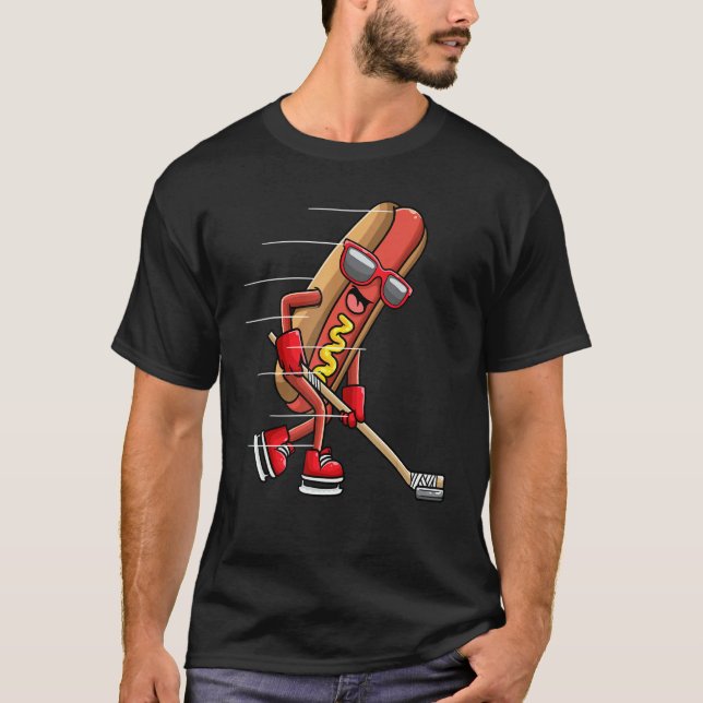 Hotdog In Bread Roll Playing Ice Hockey Sports Pla T-Shirt (Front)