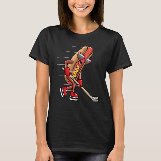 Hotdog In Bread Roll Playing Ice Hockey Sports Pla T-Shirt (Front)