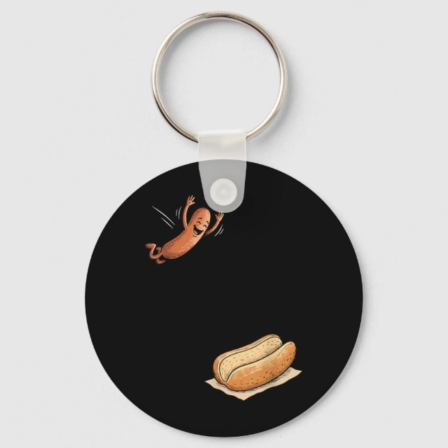 Hotdog Jumping Into Bun Funny Bbq Key Ring (Front)