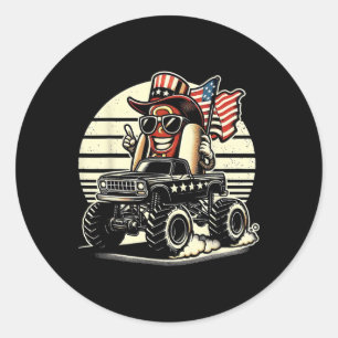 Hotdog Riding Monster Truck 4th Of July Usa Flag C Classic Round Sticker