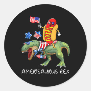 Hotdog Riding T Rex Dinosaur 4th Of July Amerisaur Classic Round Sticker