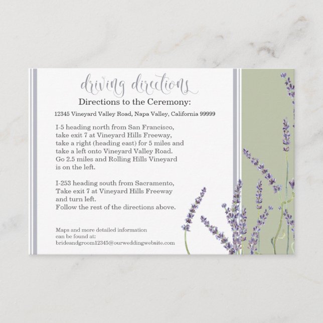 Hotel Driving Directions French Lavender Script Enclosure Card (Front)