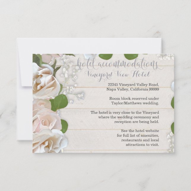 Hotel Driving Directions Rustic Wood Blush Roses Invitation (Back)