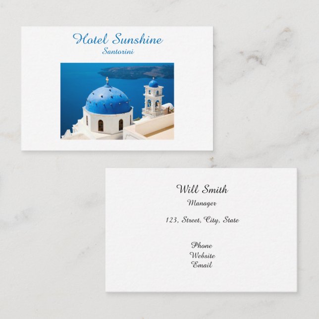 Hotel Greece Church Santorini blue photo and text Business Card (Front/Back)