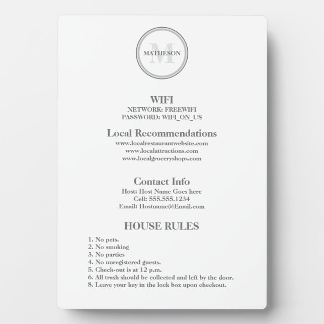  Hotel Guest Wifi and rules hospitality Business  Plaque (Front)