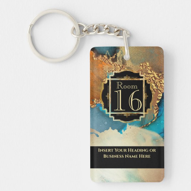 Hotel lodge resort faux gold orange blue marble key ring (Front)