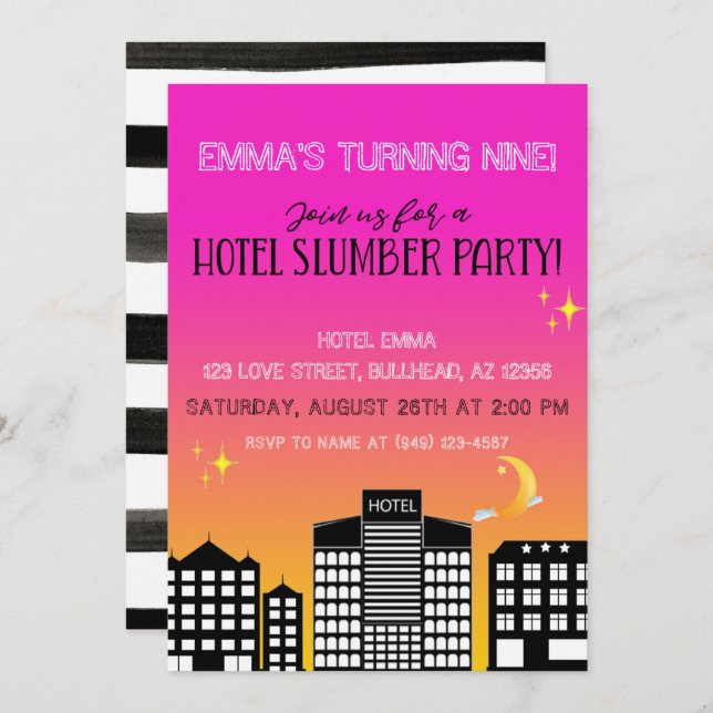 Hotel skyline girl slumber party pink ombre invitation (Front/Back)