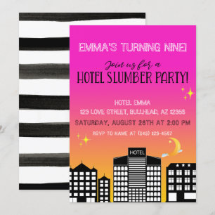 Hotel skyline girl slumber party pink ombre invitation