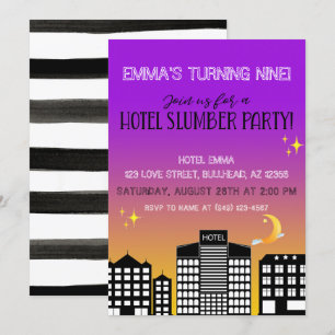 Hotel skyline girl slumber party purple ombre invitation