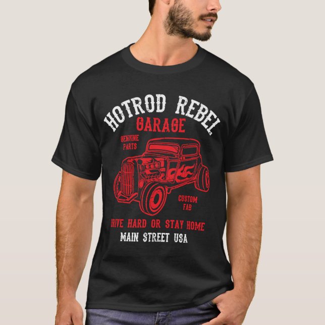 Hotrod Rebel Automotive Nostalgia Old Car Distress T-Shirt (Front)