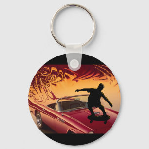 Hotrods and skateboarders key ring