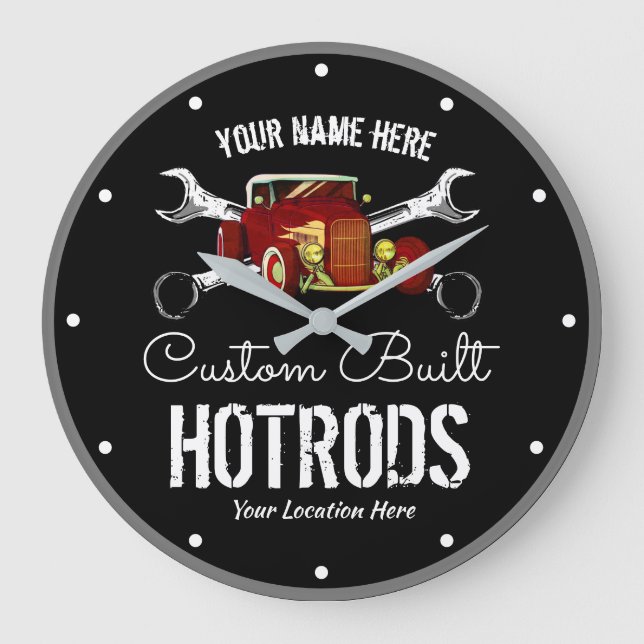 Hotrods Custom Built Cars Tools Retro Black Cool Large Clock (Front)