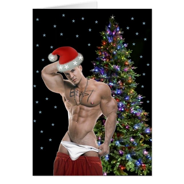 Hottest Hunk Buff Santa Christmas Card (Front)