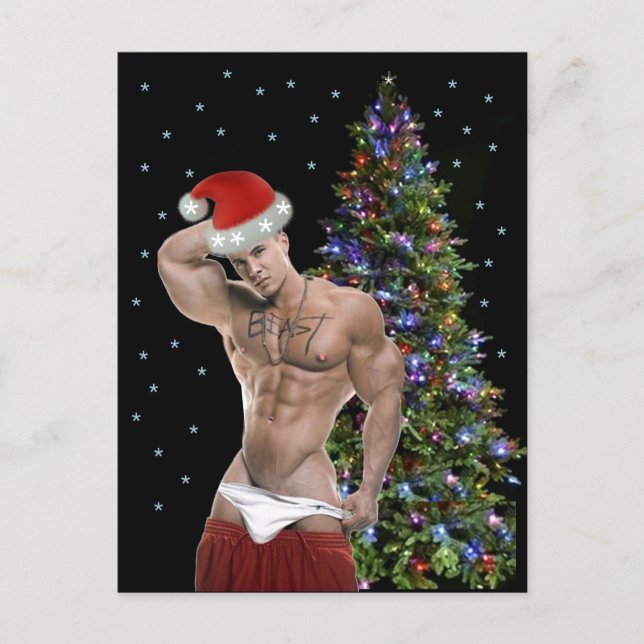 Hottest Hunk Buff Santa Christmas Card (Front)