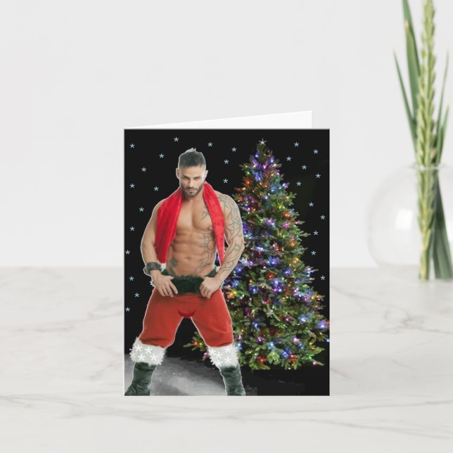 Hottest Hunk Buff Santa Christmas Card (Front)
