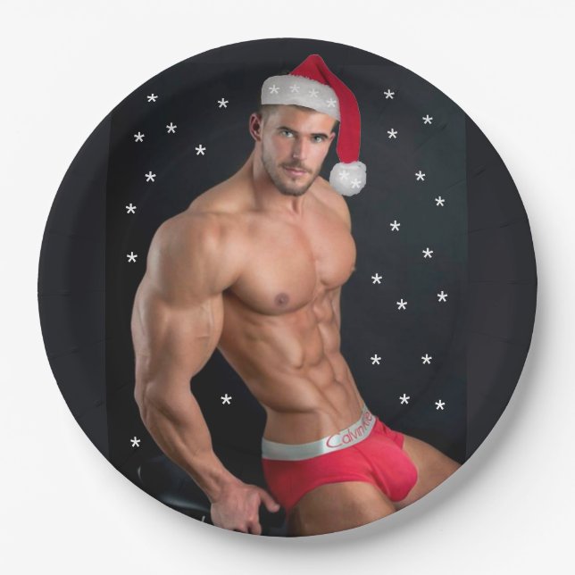 Hottest Hunks on the Planet! Buff Santa  Paper Plate (Front)