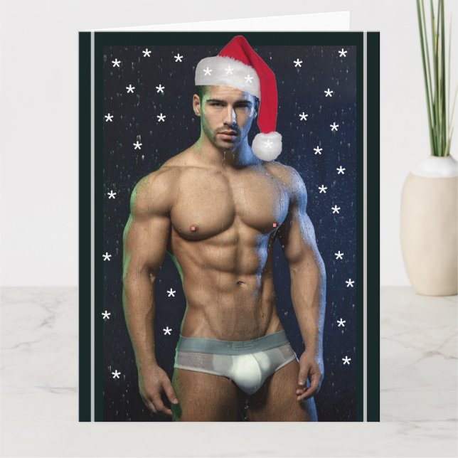 Hottest Hunks On The Planet Christmas Buff Santa   Card (Front)