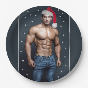 Hottest Hunks On The Planet! Christmas Buff Santa Paper Plate