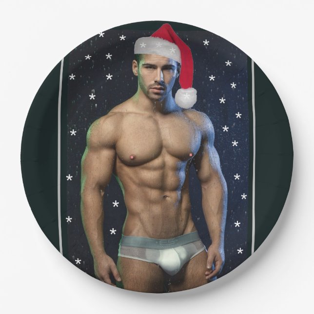 Hottest Hunks On The Planet Christmas Buff Santa   Paper Plate (Front)