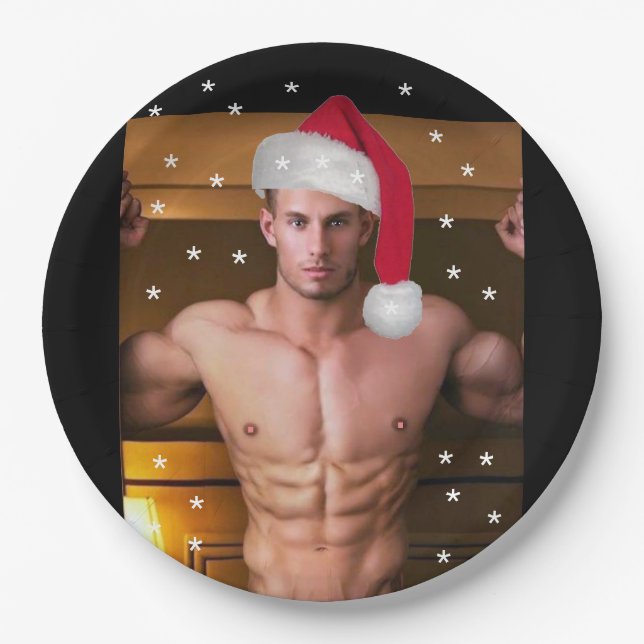 Hottest Hunks on the Planet! Christmas Buff Santa  Paper Plate (Front)