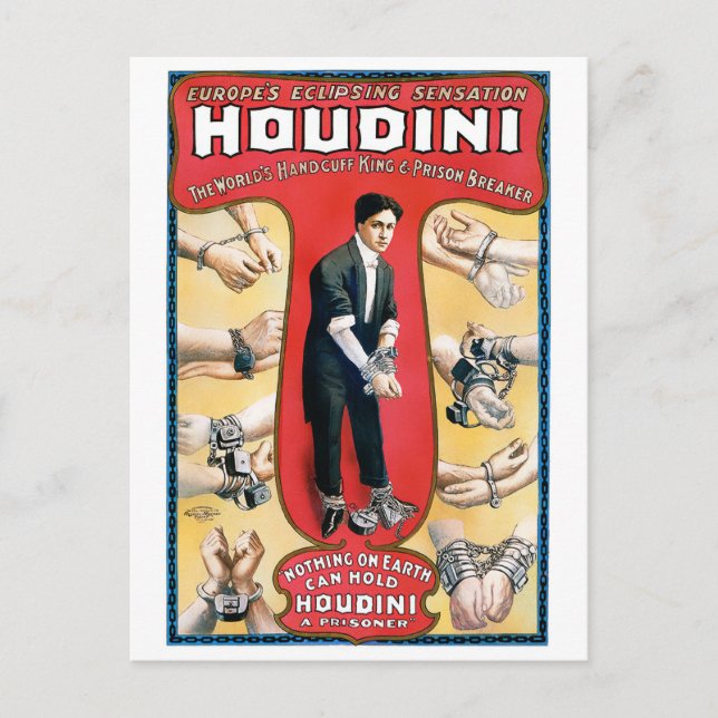 Houdini Magician 1909 Vintage Poster Restored Postcard (Front)