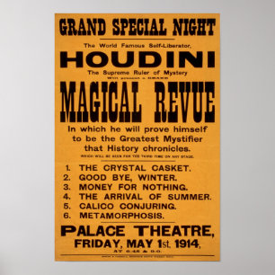 Houdini's Magical Revue, 1914. Vintage Advertising Poster