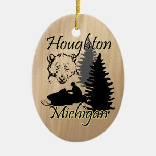 Houghton Michigan Snowmobile Bear Ceramic Tree Decoration