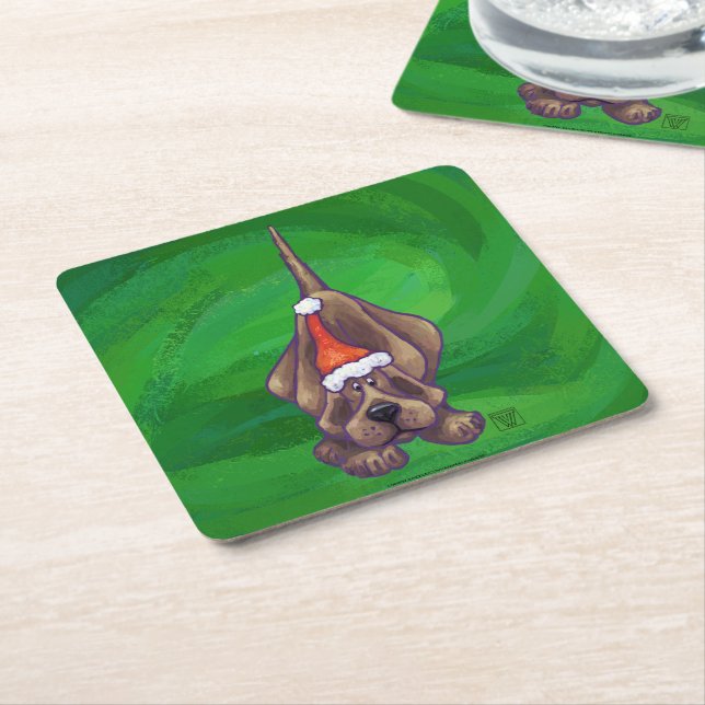 Hound Dog Christmas On Green Square Paper Coaster (Angled)