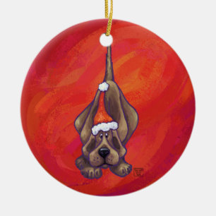 Hound Dog Christmas On Red Ceramic Tree Decoration