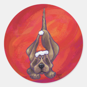 Hound Dog Christmas On Red Classic Round Sticker