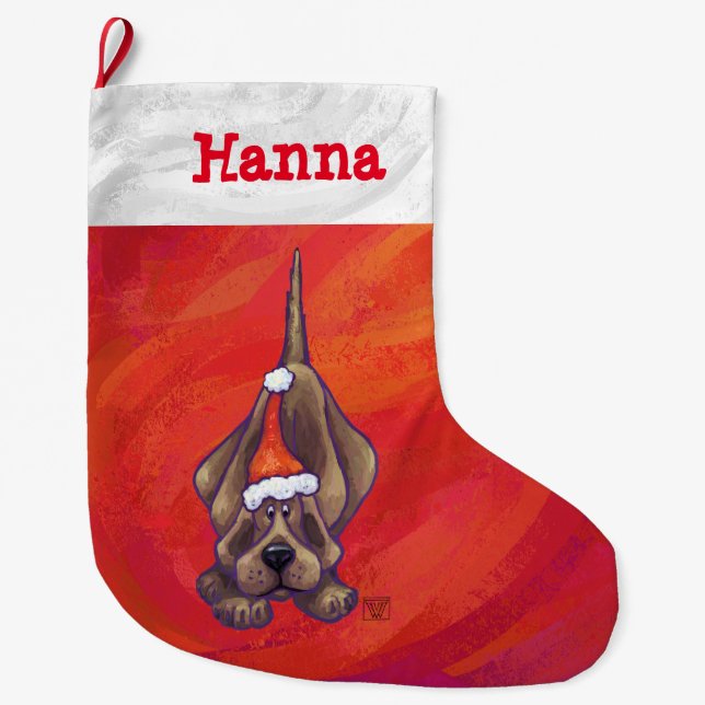 Hound Dog Christmas On Red Large Christmas Stocking (Front)