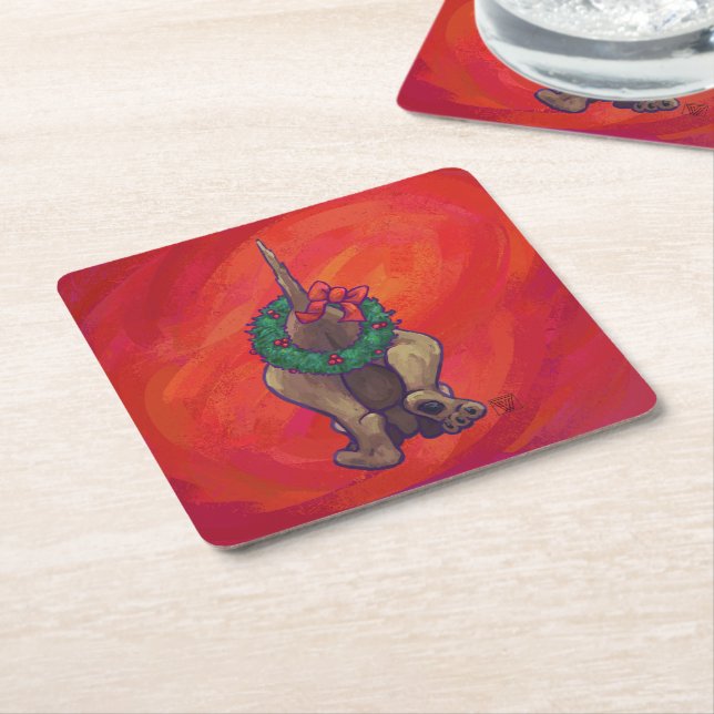 Hound Dog Christmas On Red Square Paper Coaster (Angled)