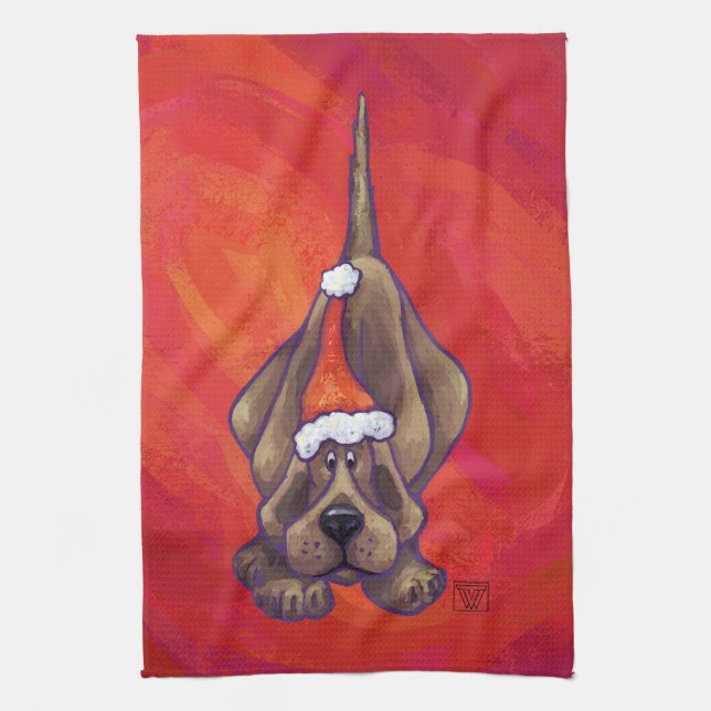 Hound Dog Christmas On Red Tea Towel (Vertical)