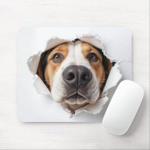 Hound Dog Peeking Through Torn Paper Hole Mouse Pad