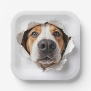Hound Dog Peeking Through Torn Paper Hole Paper Plate