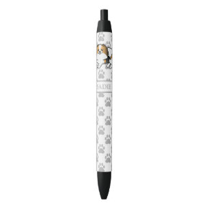 Hound Tricolor Pomeranian Cute Cartoon Dog & Name Black Ink Pen