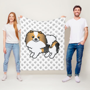 Hound Tricolor Pomeranian Cute Cartoon Dog & Paws Fleece Blanket