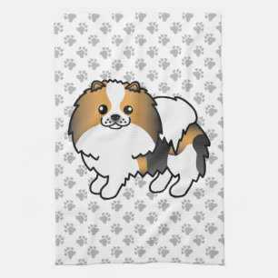 Hound Tricolor Pomeranian Cute Cartoon Dog & Paws Tea Towel