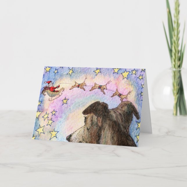 Hound Watches Santa and Reindeer in Star Sky CARD (Front)