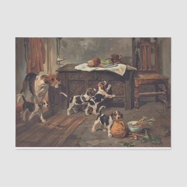 Hounds and Puppies in an Interior by John Emms Tissue Paper (Front)