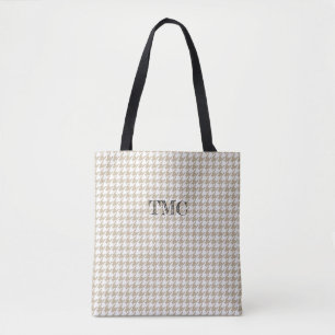 Houndstooth Beige White INITIALS Preppy Chic Tote Bag
