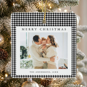 Houndstooth Black and White Christmas Photo Ceramic Ornament