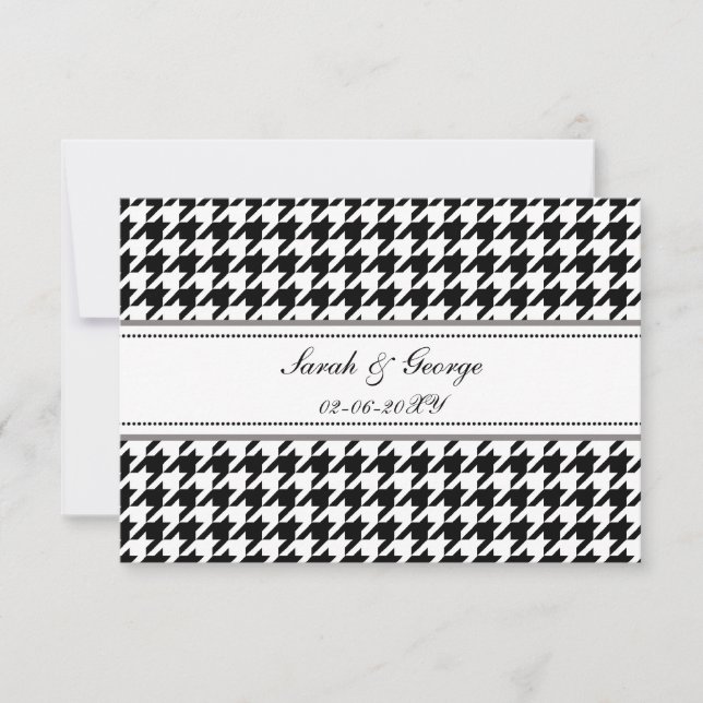 houndstooth black and white wedding rsvp 3.5 x 5 card (Front)