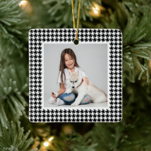 Houndstooth black & white holiday photo Christmas Ceramic Ornament